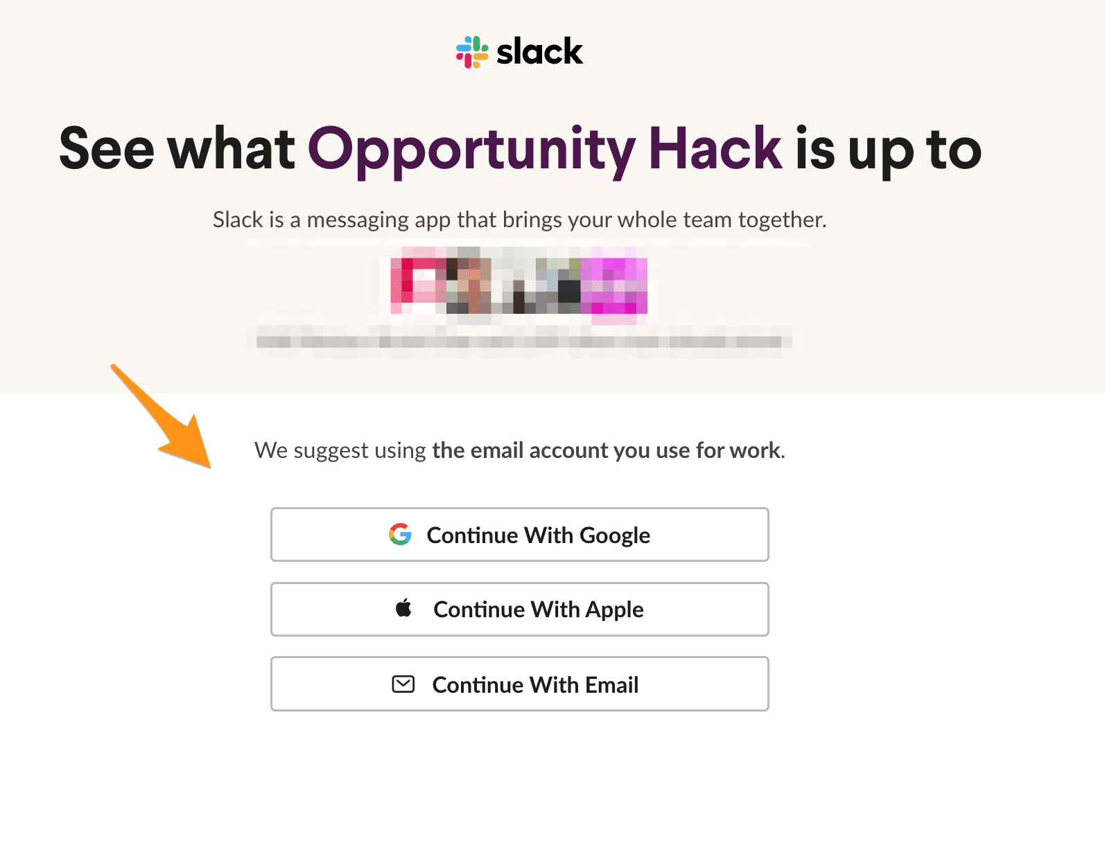 The Opportunity Hack Slack sign-up screen, where you can sign in with Google, Apple, or email